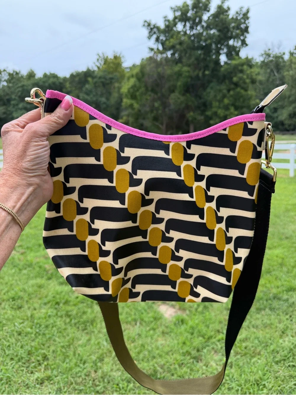 Orla Kiely Dog Show Crossbody with Pink Trim.